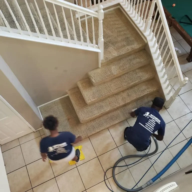 The Optimum Cleaning crew cleaning carpeted stairs